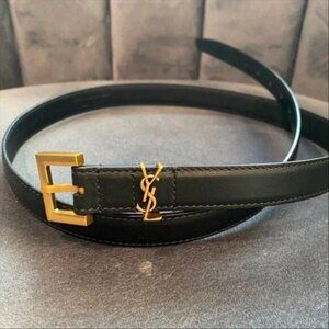 New Black Leather Logo Belt - Gold Tone - Size 90